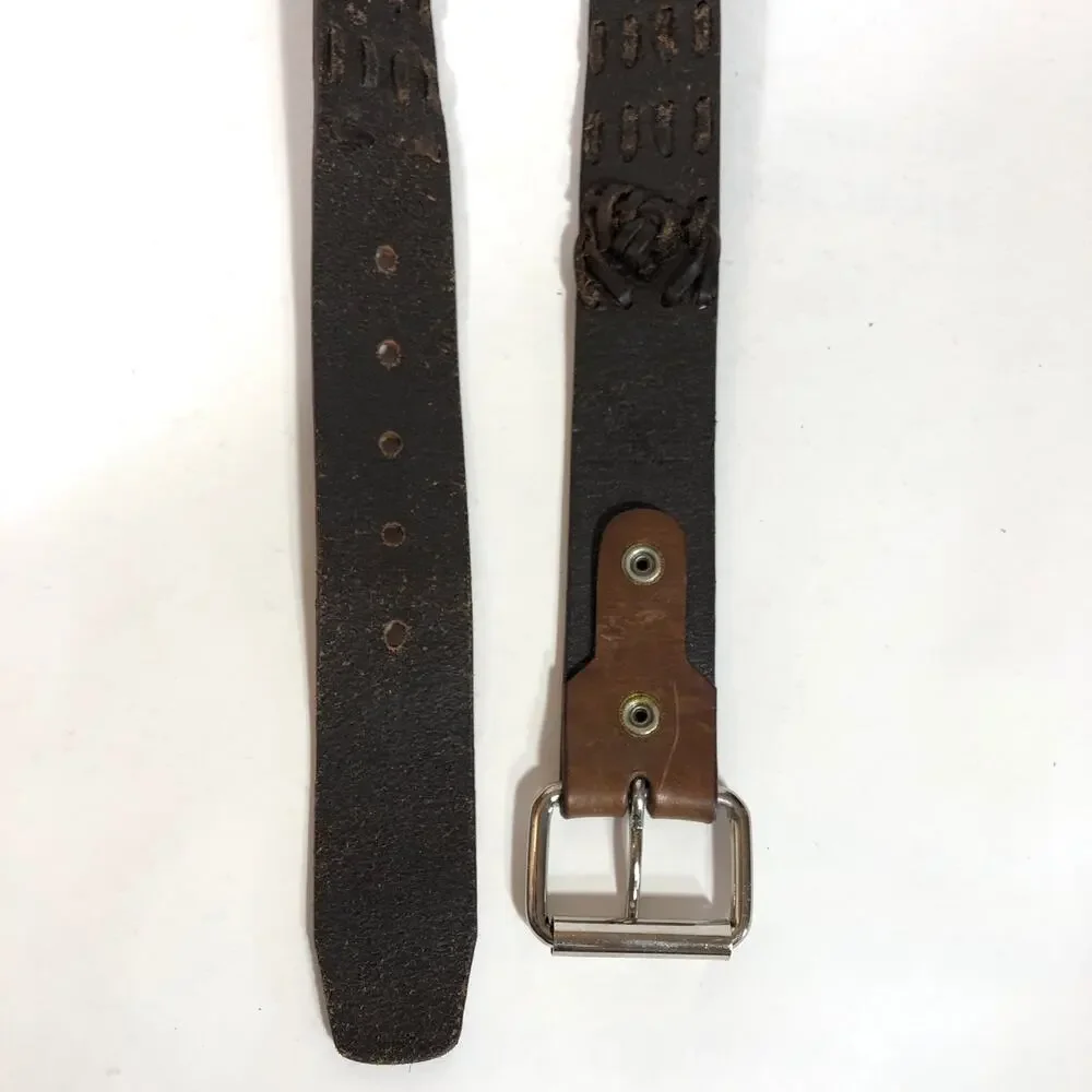 Brown Leather Belt, Criss Cross Weave Retro Silver Hardware Worn Look L XL Mocha